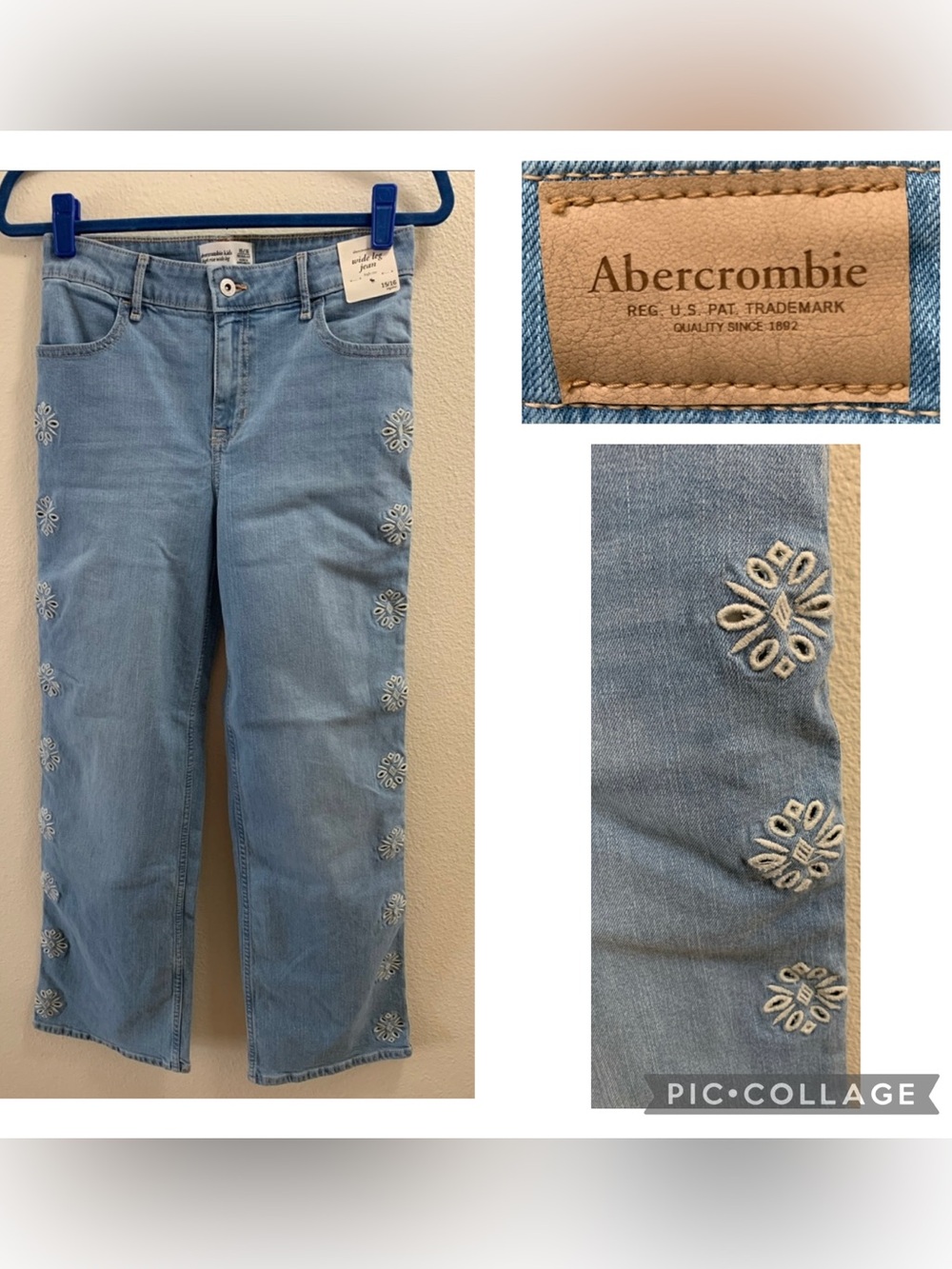 Abercrombie Kids Wide Leg High Rise Floral Jeans Size 15/16 Floral Embroidery